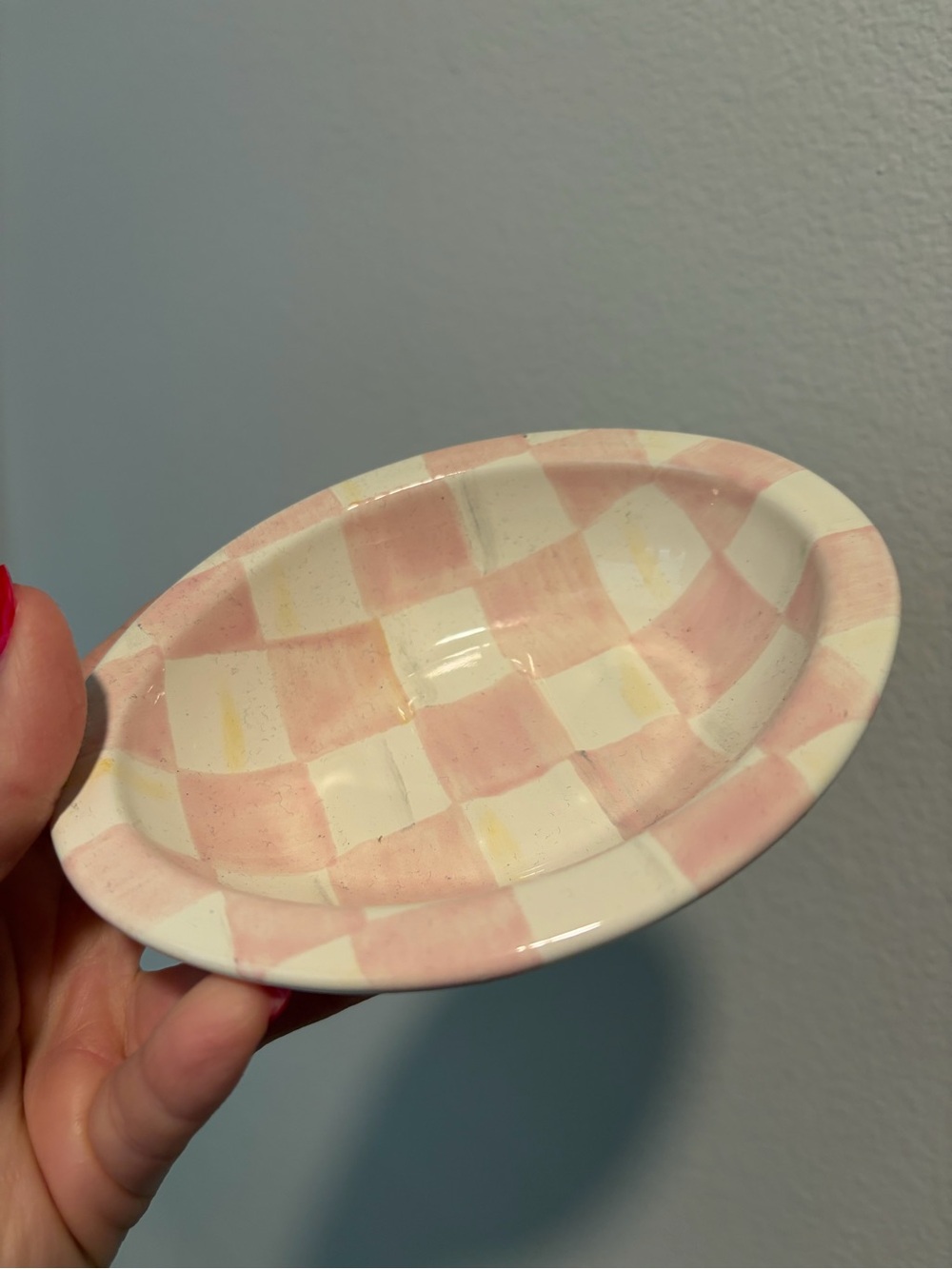 New MacKenzie-Childs Pink and Cream Checkered Ceramic Trinket Dish